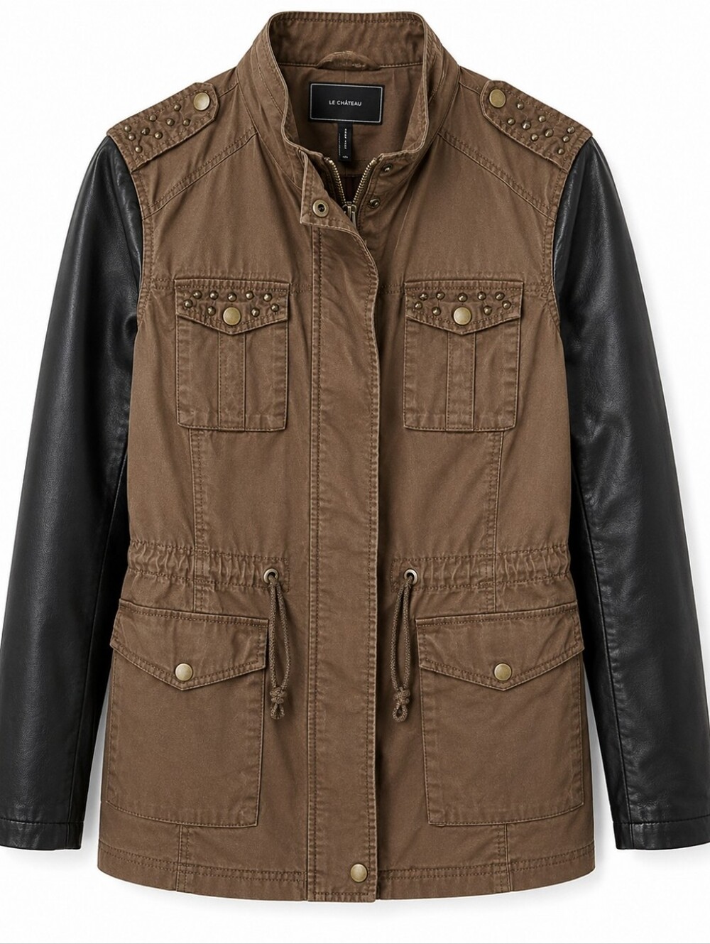 Le Château Studded Utility Jacket with Faux Leather Sleeves Size LG